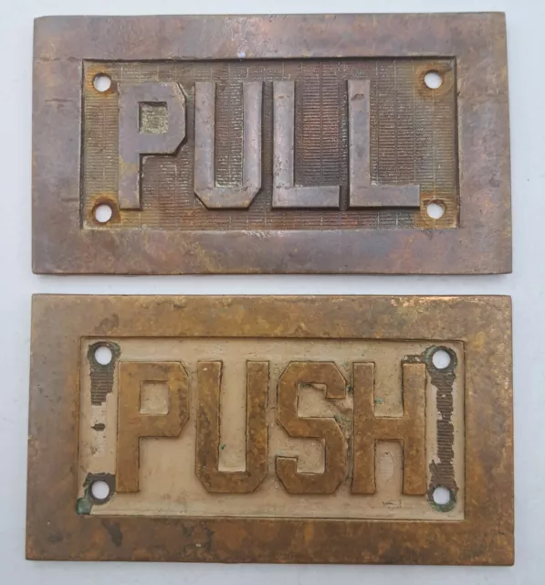 Small Antique Vtg Brass Door Plates Push Pull