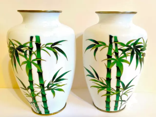 Antique Japanese Inaba Taisho Period White Cloisonne Bamboo Vases 1925.