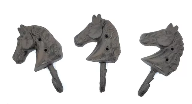 Horse Head Key Coat Tack Hook Towel Hanger Rustic Cast Iron Set of 3