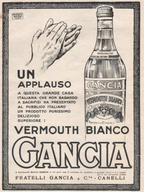 Pubblicita' 1925 Vermouth Bianco Gancia Canelli Applauso Bottiglia Dalmonte