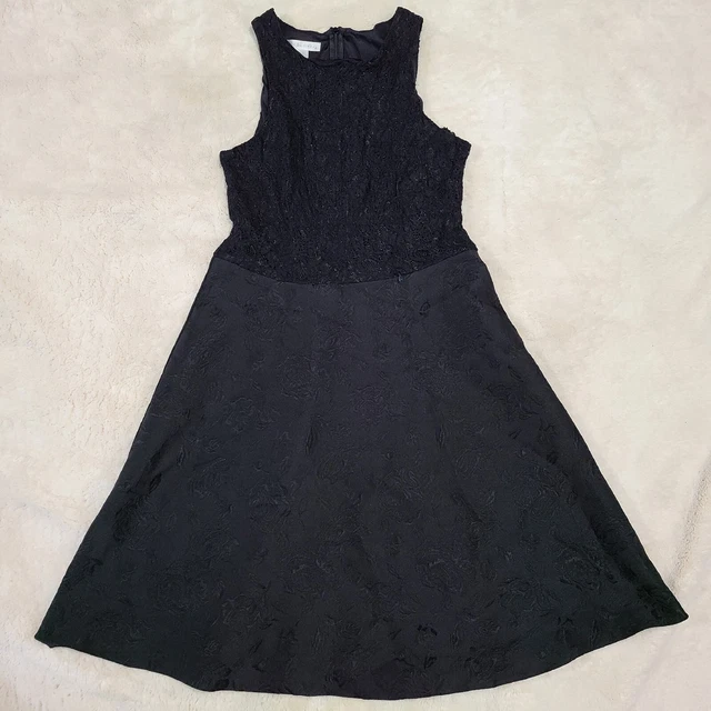 London Times Woman's Empire Waist Dress Size 10 Classic Black Floral Lace Top