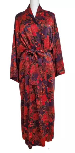 Natori Red Purple Floral Silky S Robe & M Slip Gown 2 Piece Set