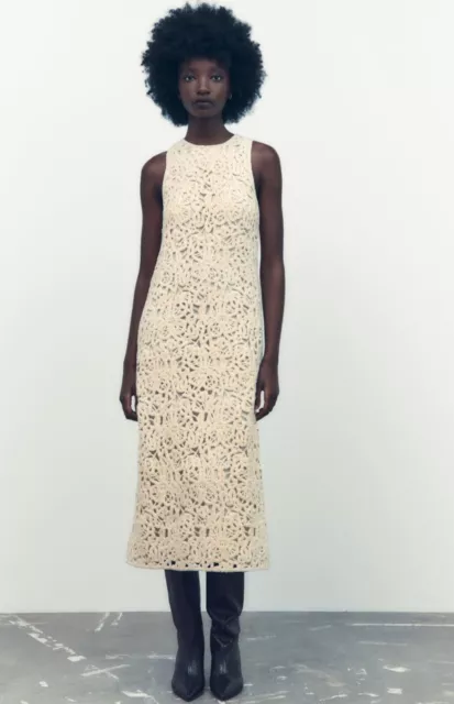 Zara Ecru Macramé Crochet Knit Midi Dress Size S 2142/234 Rrp £59.99
