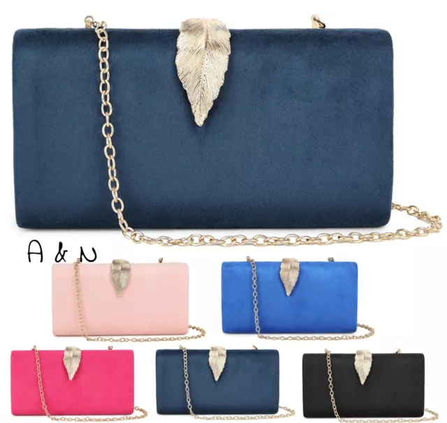 Womens Suede Clutch Bag Hard Case Leaf Clasp Prom Wedding Party Evening Handbag