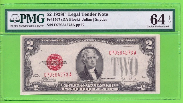 $2 1928-F Legal Tender Red Seal Fr. 1507 DA Block PMG 64 EPQ Serial D79364273A