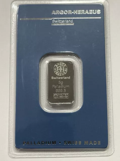 5 gram Palladium Bar - Argor Heraeus - 999.5 Fine. #3385