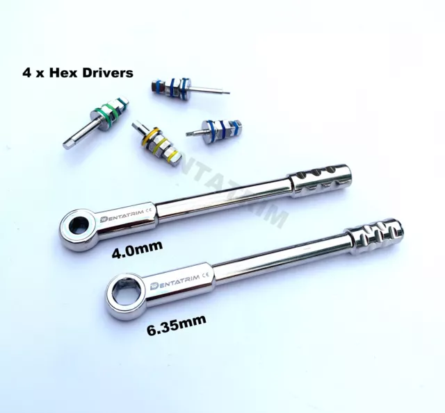 Dental Implant Wrench Ratchet 4.0mm & 6.35mm with 4 Hex Abutment Screws Drivers