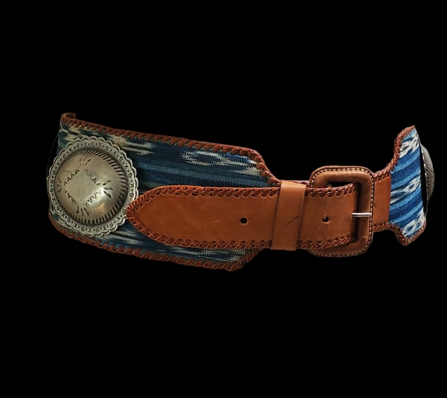 Vintage 80s handmade leather belt with conchos blue southwestern design Boho