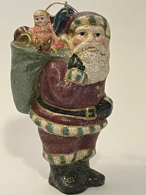 Vintage Crackle Finish Old Fashioned Santa Holding Bag of Toys Tree Ornament 6"