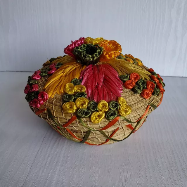Vintage Colorful Flower Rattan Wicker Round Sewing Basket Boho Storage Container