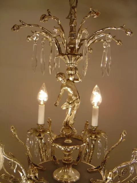 Vintage Antique Nickel Silver Crystal Cherubs Chandelier Lamp 8 Lights Ø 29"