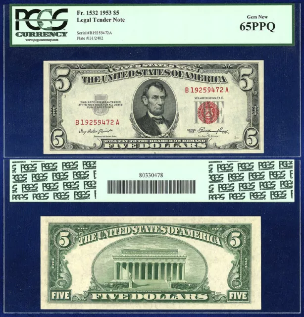 Usa 1953 Legal Tender $5 "Rare" "Ba" Block Pcgs Currency Gem Unc 65 Ppq