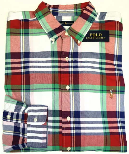 Polo Ralph Lauren Long Sleeve Shirt Red Green Blue White Plaid Oxford $98