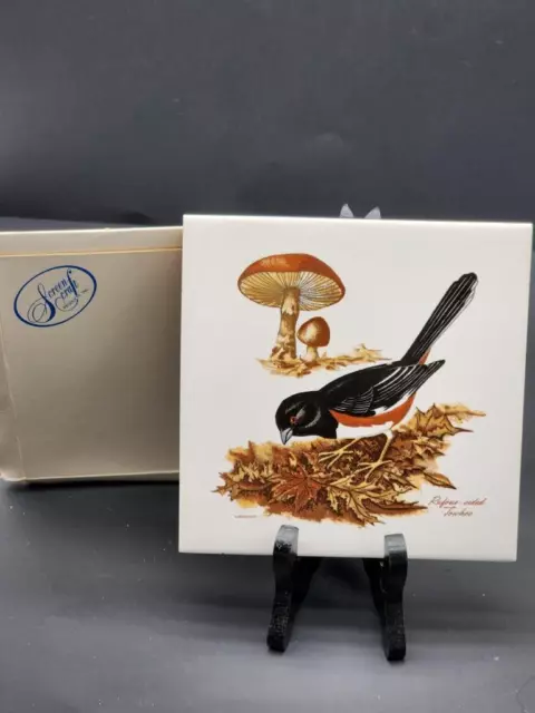 RUFOUS-SIDED TOWHEE TILE Screencraft Hand Decorated USA 6"X6" CORK BK W/BOX