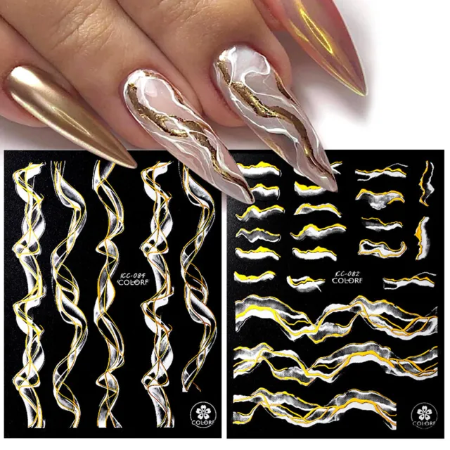 Nail Black White Marble With Gold Foil 3D Nail Art Stickers Line Decal Tips DIY