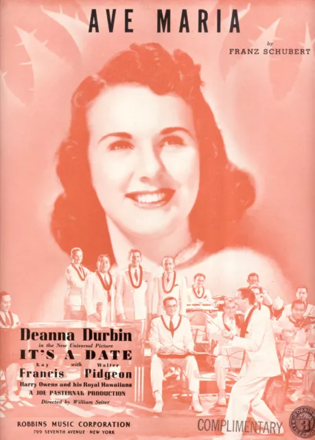 IT'S Un Date Feuille Musique " Ave Maria " Deanna Durbin Franz Schubert