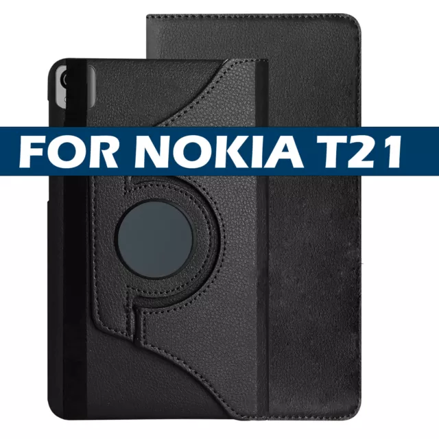 Black Smart Flip Leather Stand Case Cover 360° Rotating For Nokia Tab T21 10.36”