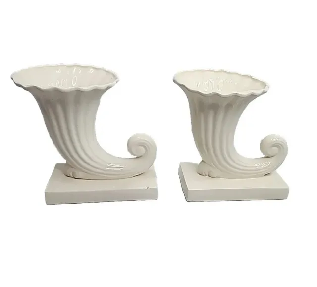 Pr Ceramic Bookends Vintage 1930s 1940s Horn Vase Planter Glossy Ivory White