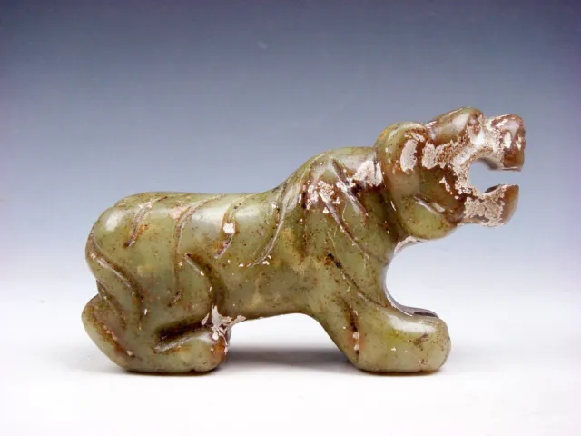 Old Nephrite Jade Stone Carved Sculpture Furious Tiger Howling #01252205