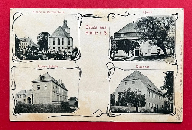 JUGENDSTIL AK KITTLITZ um 1900 Kirche, Schule, Pfarre und Diaconat