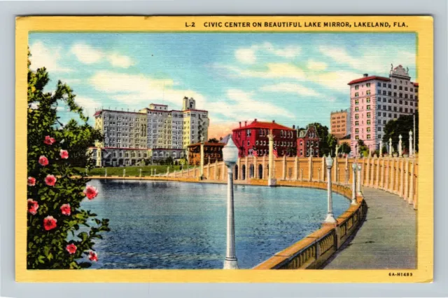 Lakeland FL-Florida, Civic Center On Mirror Lake, Walkway Vintage Postcard