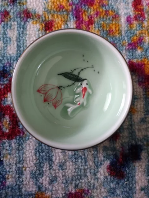 Hand Painted Kungfu Teacup,Chinese Long-quan Celadon Fishes and Lotus Set of 4