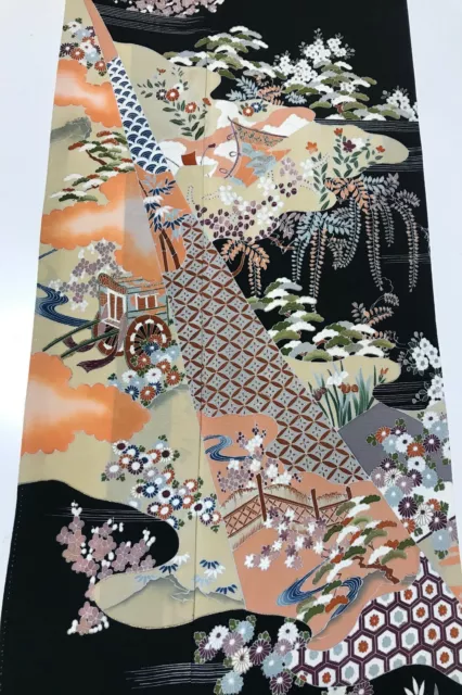 @@Japanese vintage kimono/ tomesode black silk fabric/ wisteria G61
