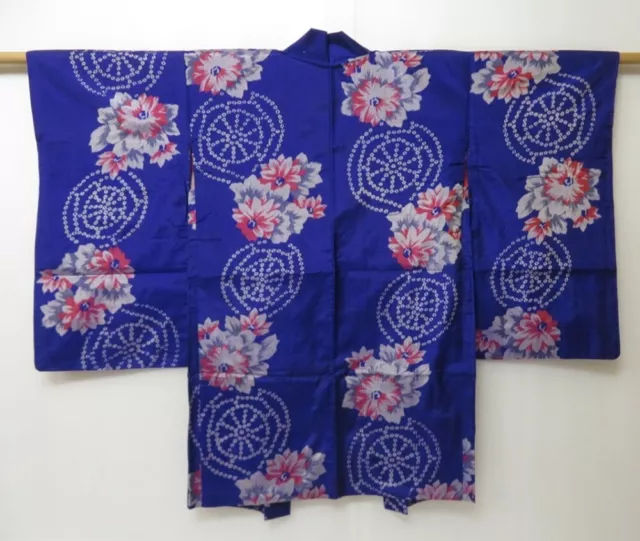 2328T08z290 Vintage Japanese Kimono Silk MEISEN HAORI Flower Dark lavender blue