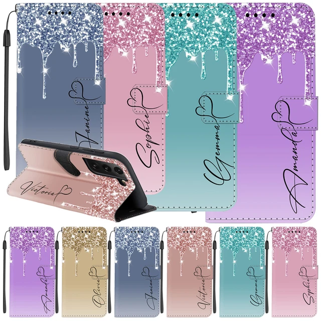 Glitter Personalised Case For Samsung Galaxy S23 A14 A54 A23 Folio Leather Cover