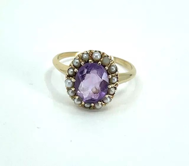 14k Yellow Gold Victorian Amethyst Seed Pearls Ring Size 8.25