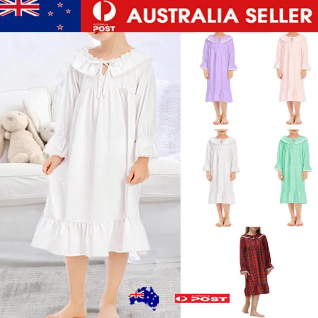 Kid Girl's Nightgown Long Sleeve Lace Trim Sleepwear Ruffle Pajama Dress