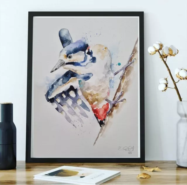 Large original signed watercolour art painting by Elle Smith Woodpecker bird