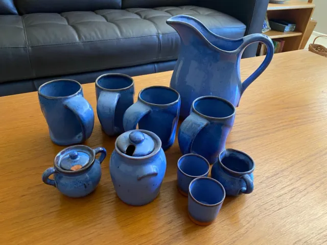 Pittsfield Potters 11" Pitcher & 4 5" Mugs Set Heavy Blue Glaze