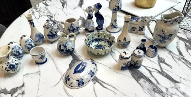 Delft Blue Lot 19 Figurines Cow Windmill Salt Pepper Creamer Sugar Wall Pocket +