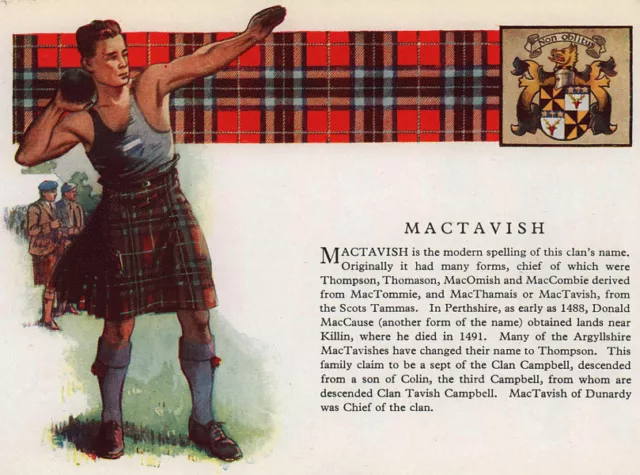 MacTavish. Scotland Scottish clans tartans arms 1957 old vintage print picture
