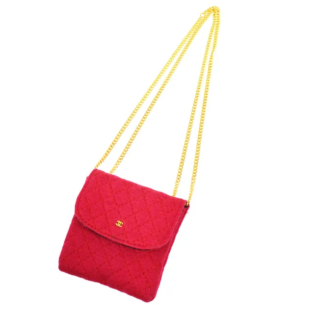 CHANEL QUILTED CC Chain Mini Shoulder Necklace Pochette Pouch Red Cotton  35217 $523.50 - PicClick