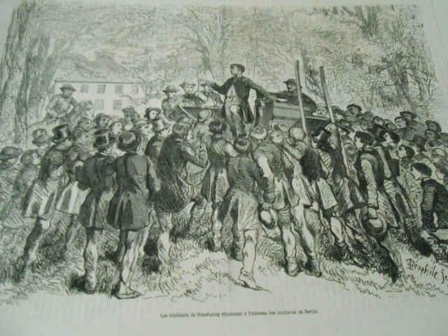 Gravure 1867 - Les étudiants de Strasbourg répondant aux étudiants de Berlin