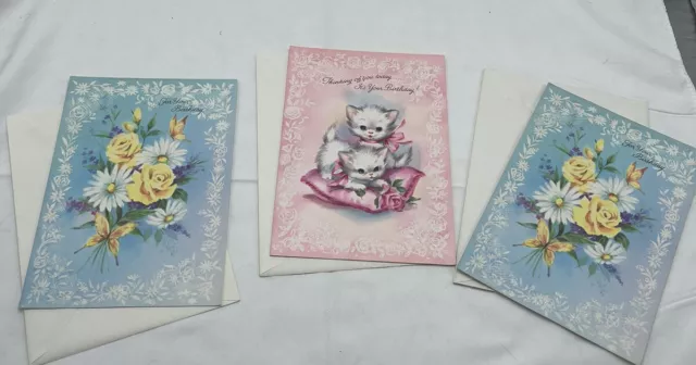 Vintage 3 Quality Crest Happy Birthday kitty Cat Flower Wishes Greeting Cards