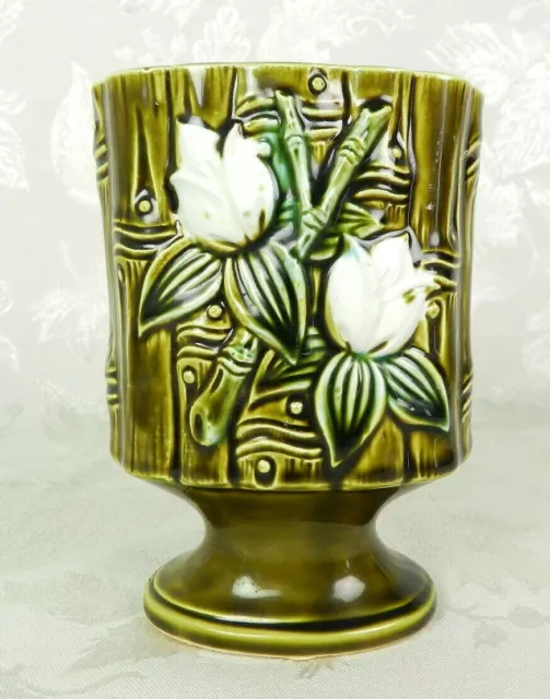 Vtg Green Cearmic Vase Planter 5.5" H Tilso Oval Pedestal Bamboo Lotus Japan