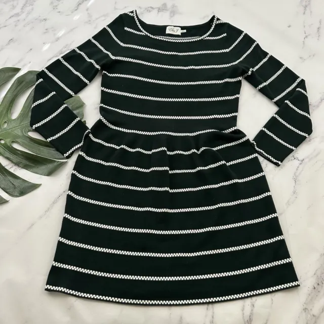 Eliza J Womens Sweater Knit Dress Size L Dark Green White Stripe Long Sleeve