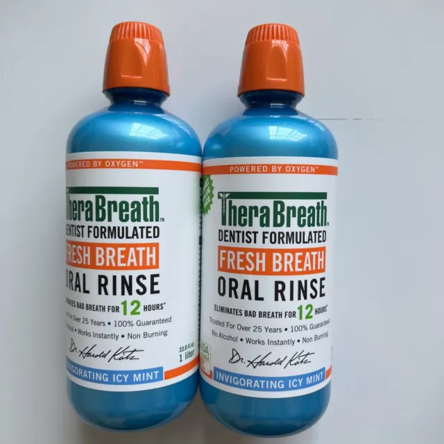 Lot 2 TheraBreath Fresh Breath Mouthwash Icy Mint Alcohol-Free 1 Liter EXP 11/25