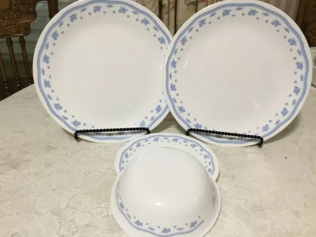 4pc Vintage Corelle Morning Blue 2 Dinner Plates 1 Dessert Plate 1 Soup Bowl