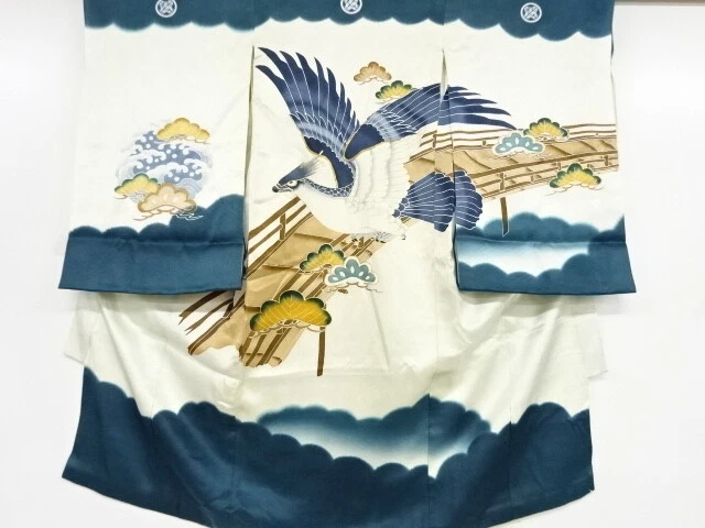 44777# Japanese Kimono / Antique Kimono For Boys / Embroidery / Hawk With Pine