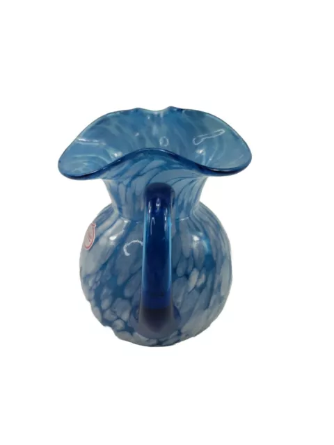 Vintage Hand Blown Ruffled Swirl Blue White Speckled Art Glass Pitcher Vase 3