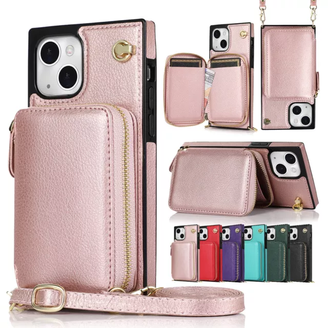 For iPhone 15 14 13 Pro Max 12 11 XR XS 87+ Leather Wallet Case Crossbody Strap