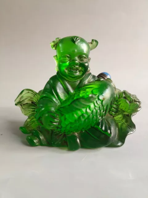 Chinese Old Coloured glaze Handmade Exquisite boy holding fish Snuff Bottle