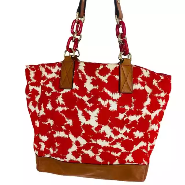 Milly New York red printed fabric and leather tote bag 3