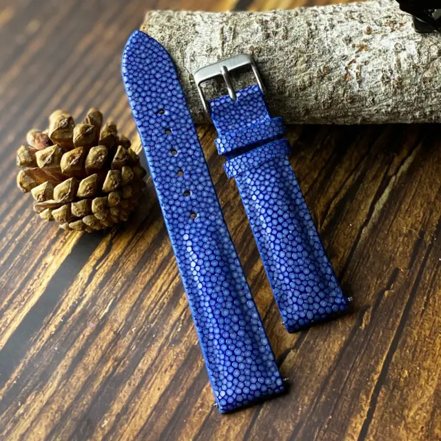 22mm Blue Stingray Watch Strap Handmade Leather Watch Band Spring Bars