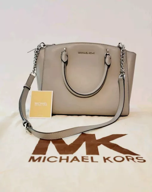 Michael Kors Ellis Ash GREY Large  Satchel Crossbody Handbag Fawn Leather EUC