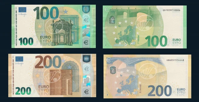 Euro Banknotes - 2019 - 2 Banknotes - 100€ & 200€ - UNC Euro Banknotes - 2019 - 2 Banknotes - 100€ & 200€ - UNC